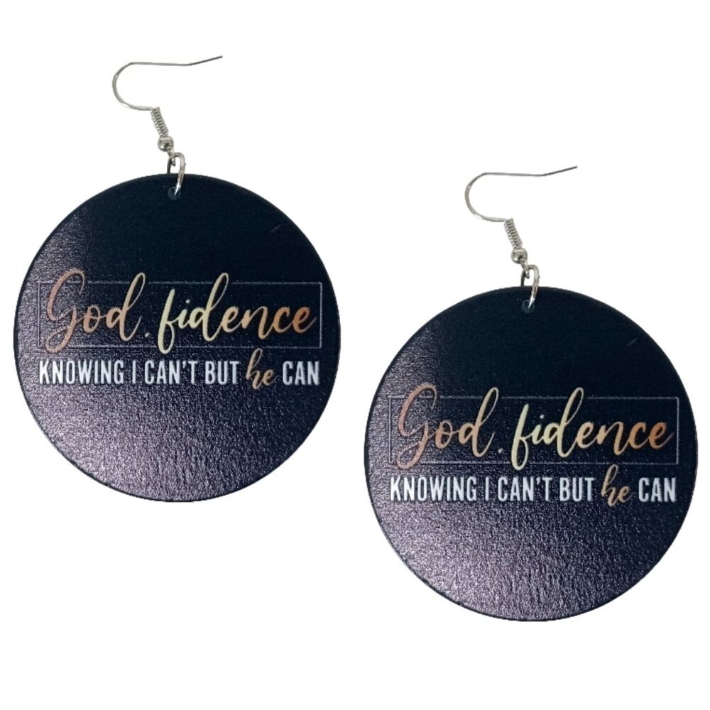 Godfidence Knowing I Cant But He Can in Gold Black Statement Dangle Wood Earring